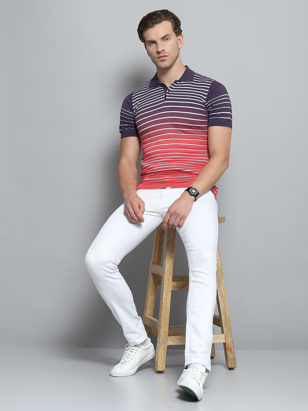 Men Purple Stripe Collar Half Sleeve T-Shirt