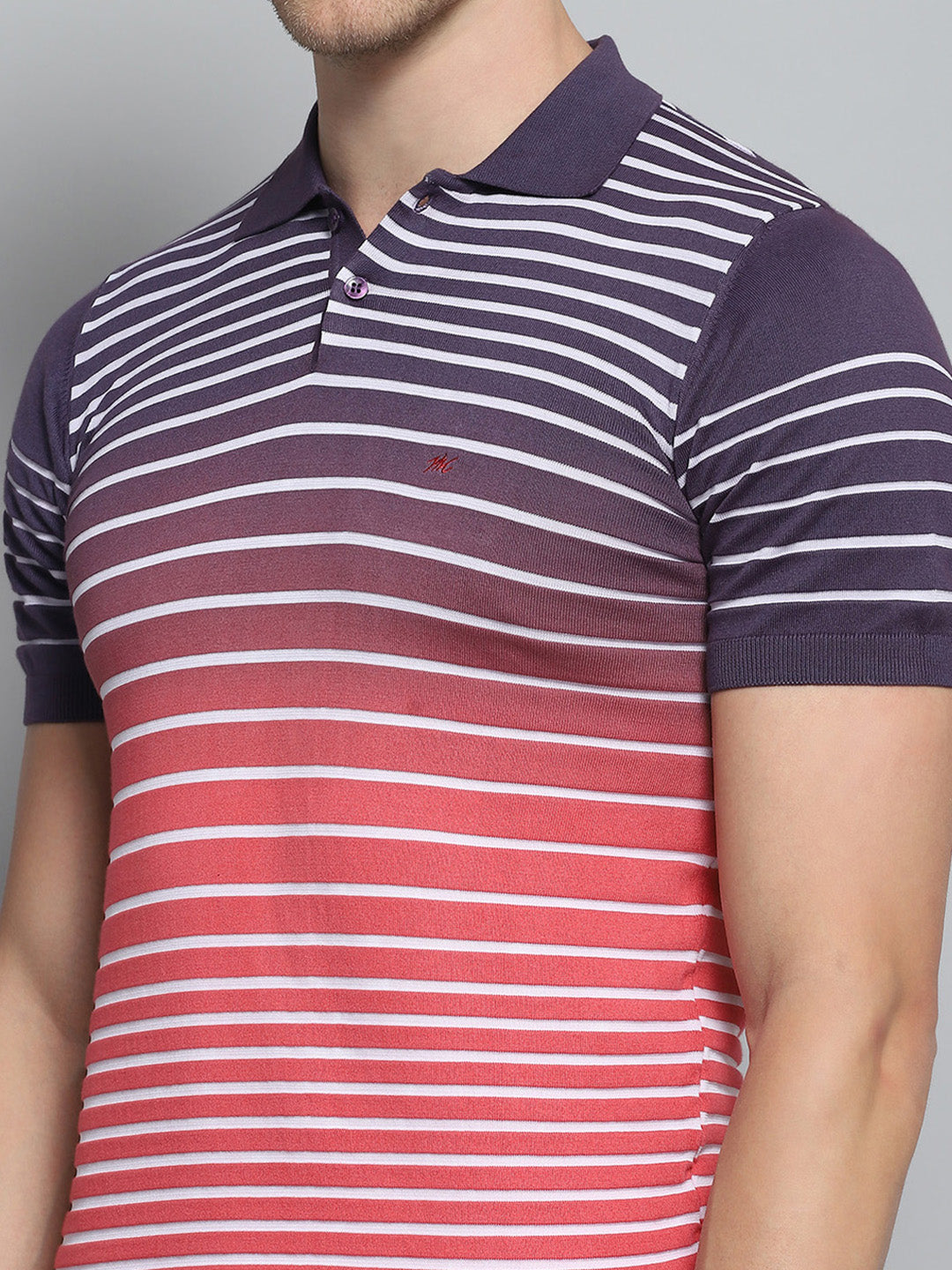 Men Purple Stripe Collar Half Sleeve T-Shirt