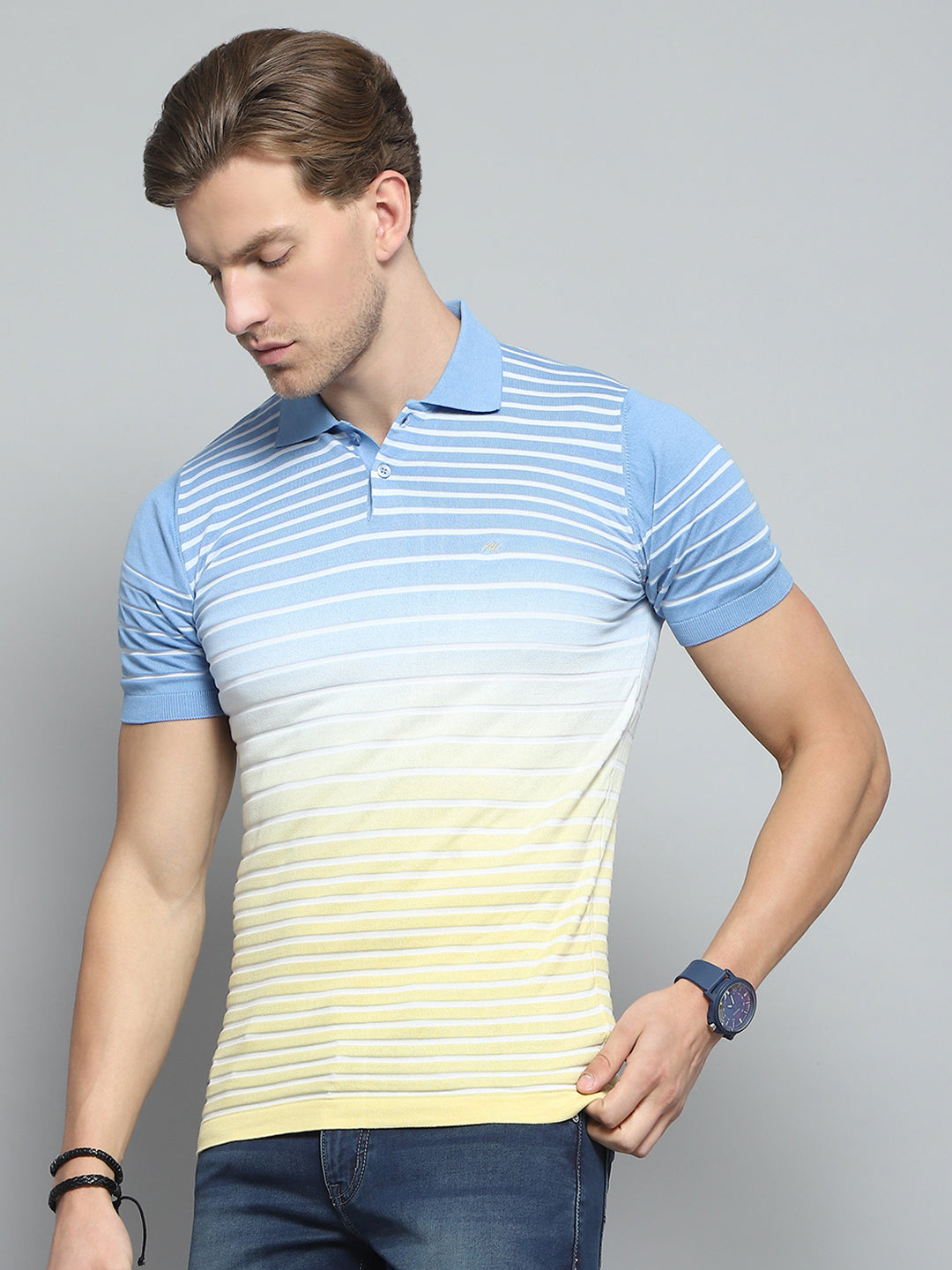 Men Blue Stripe Collar Half Sleeve T-Shirt