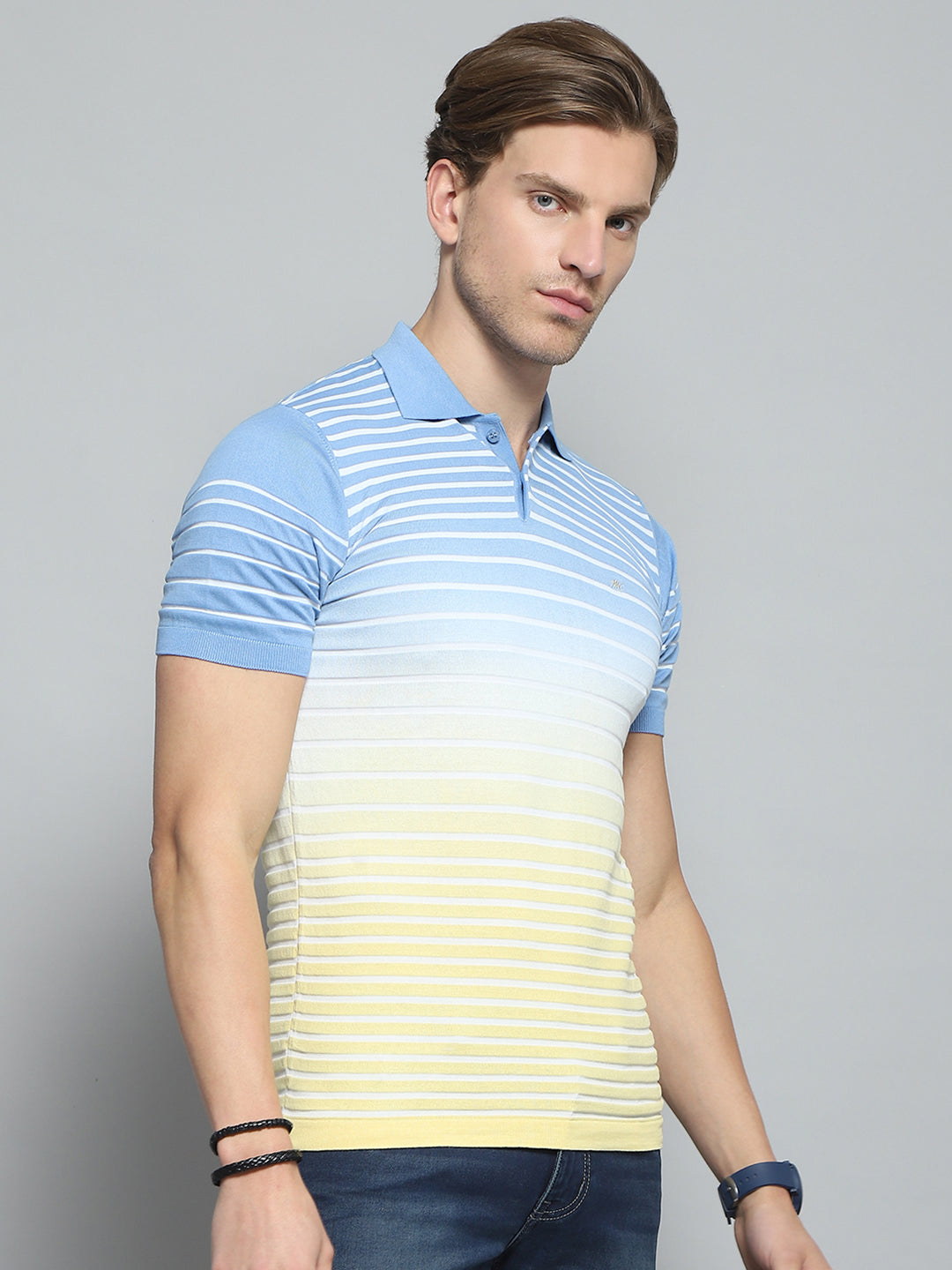 Men Blue Stripe Collar Half Sleeve T-Shirt