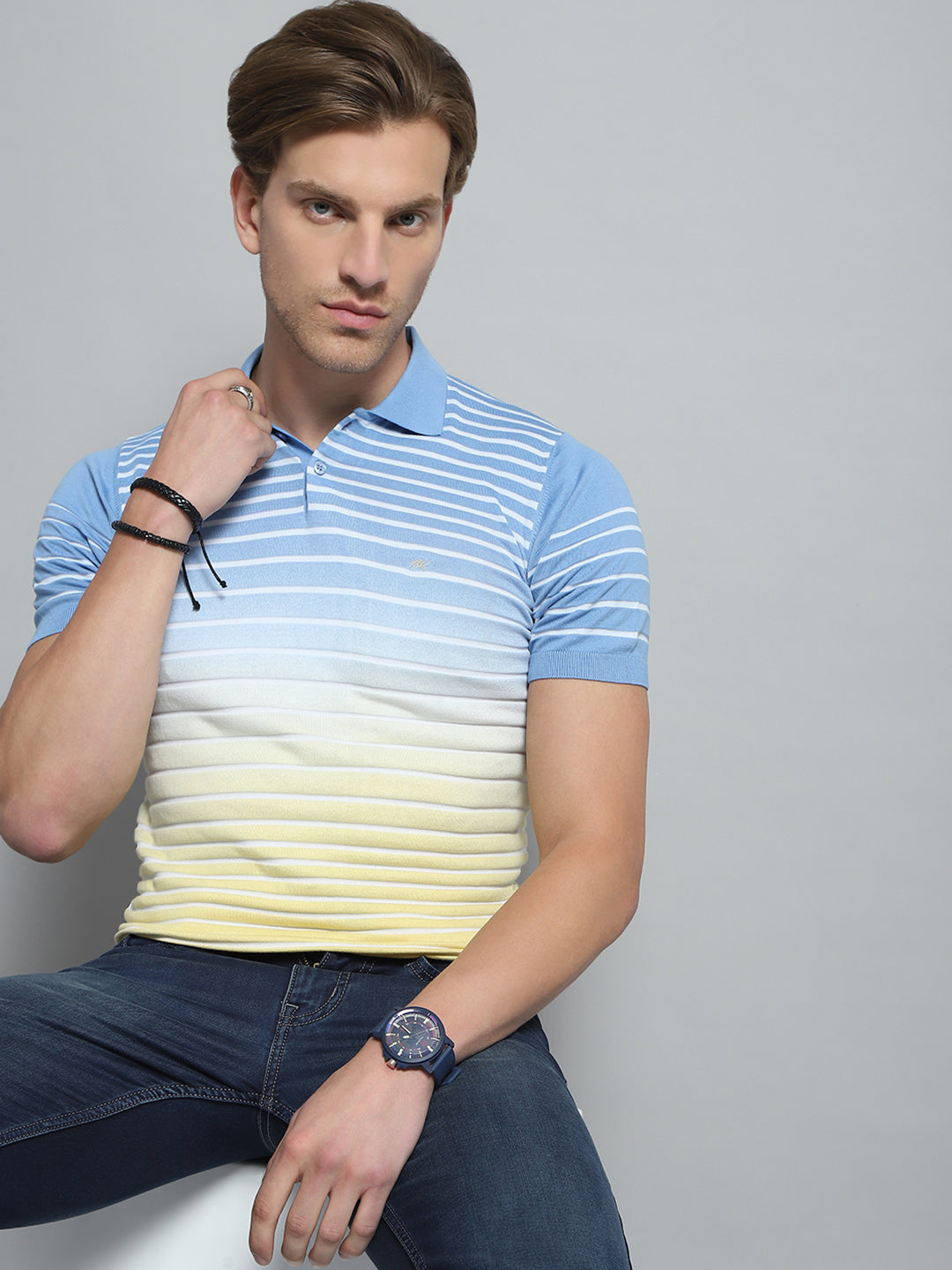 Men Blue Stripe Collar Half Sleeve T-Shirt