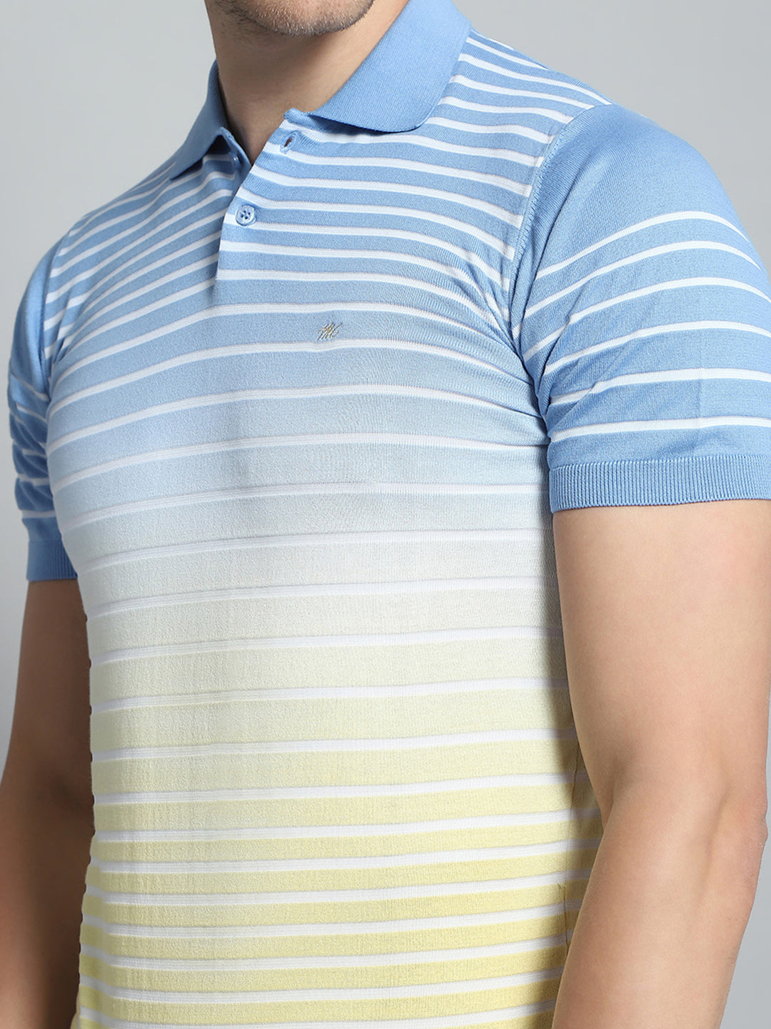 Men Blue Stripe Collar Half Sleeve T-Shirt