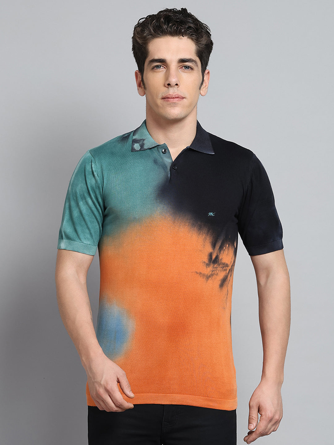 Men Orange Solid Collar Half Sleeve T-Shirt