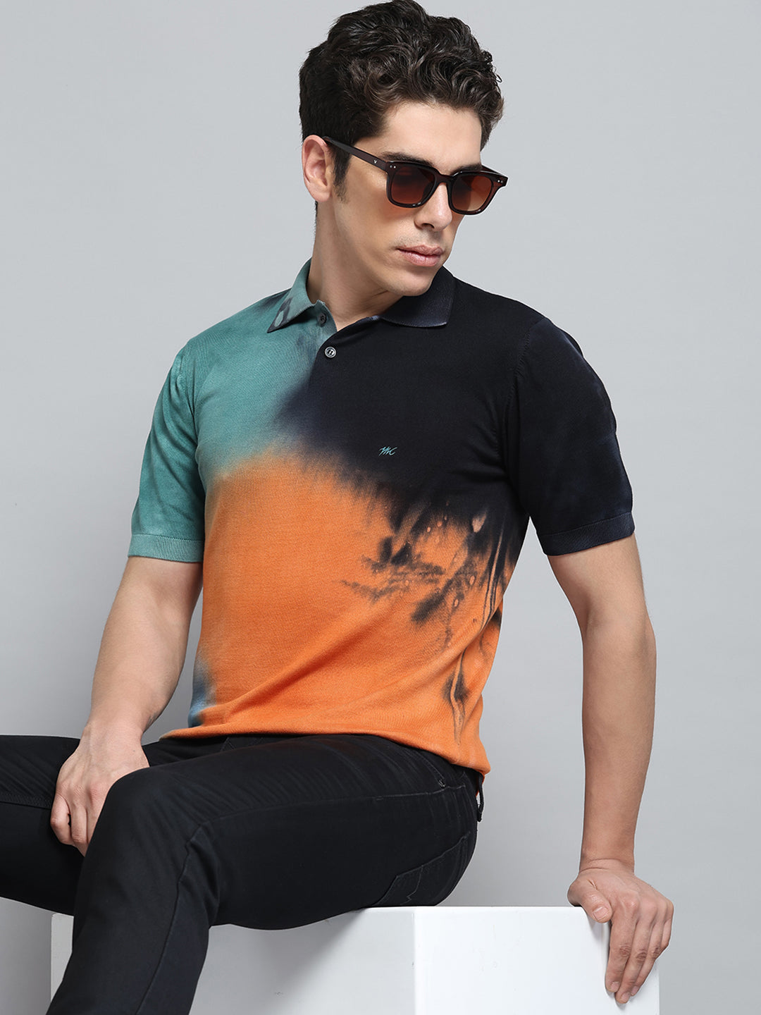 Men Orange Solid Collar Half Sleeve T-Shirt