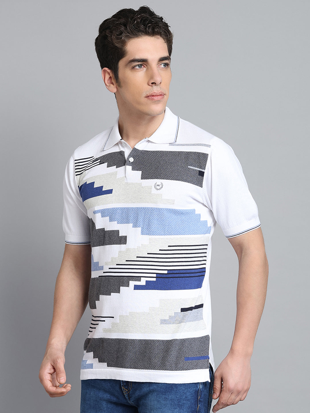 Men White Self Design Collar Half Sleeve T-Shirt