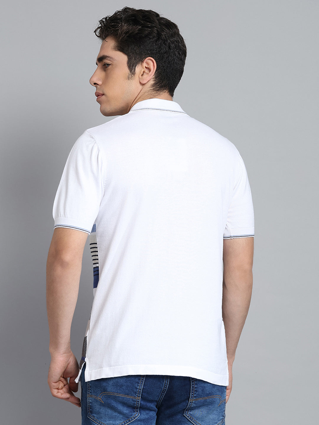 Men White Self Design Collar Half Sleeve T-Shirt