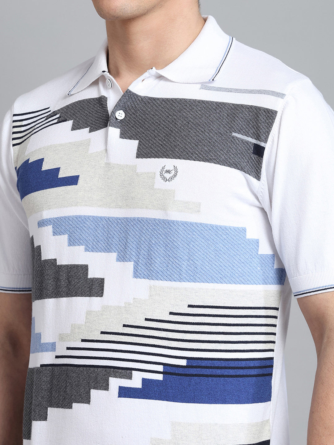 Men White Self Design Collar Half Sleeve T-Shirt