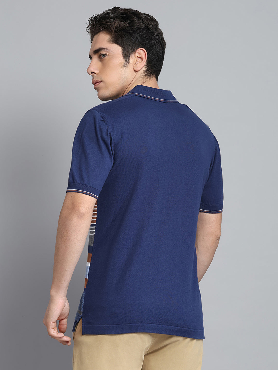 Men Navy Blue Self Design Collar Half Sleeve T-Shirt