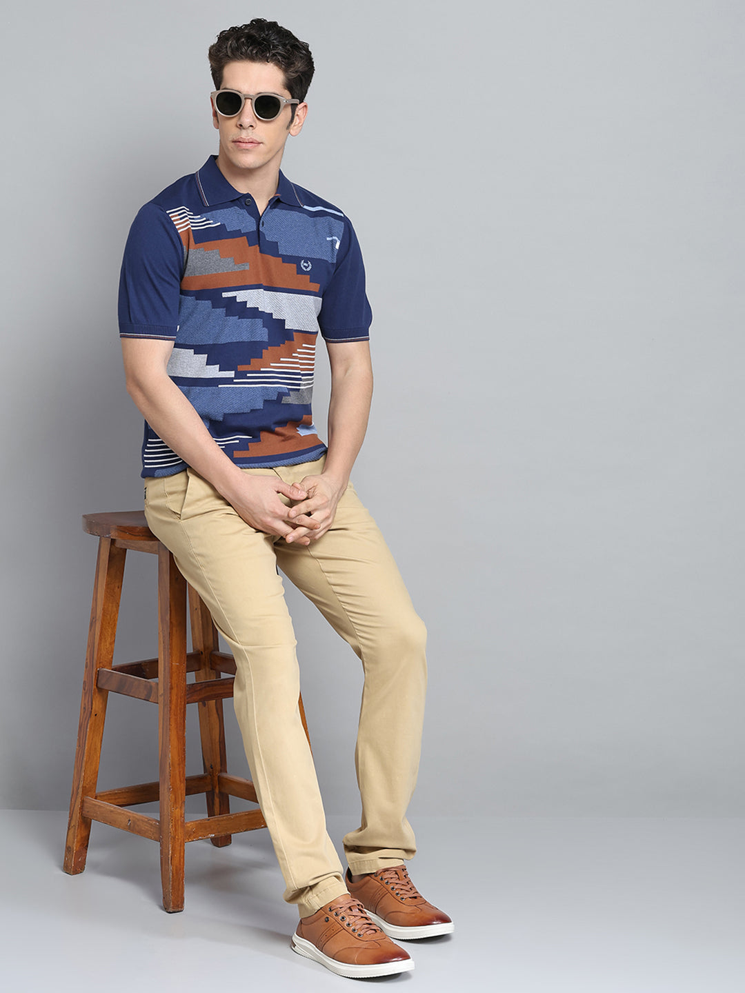 Men Navy Blue Self Design Collar Half Sleeve T-Shirt