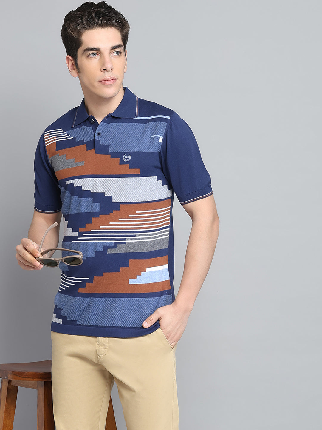 Men Navy Blue Self Design Collar Half Sleeve T-Shirt