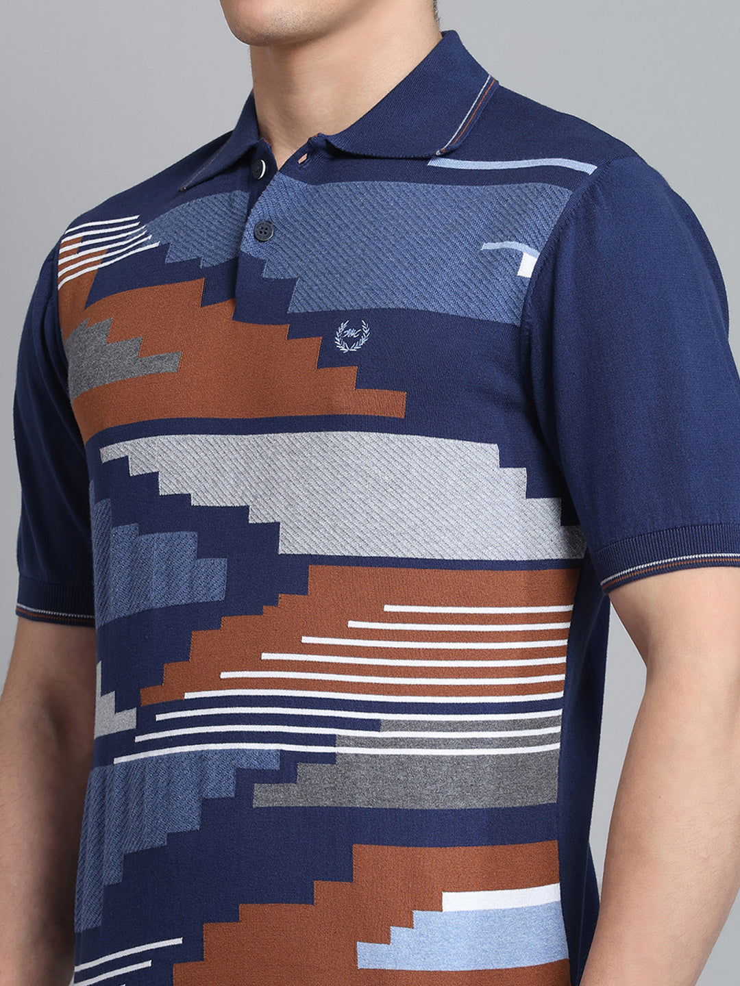 Men Navy Blue Self Design Collar Half Sleeve T-Shirt