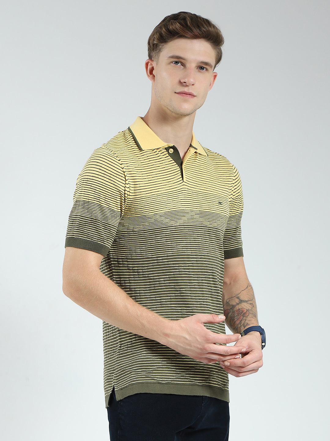 Men Green Self Design Collar Half Sleeve T-Shirt