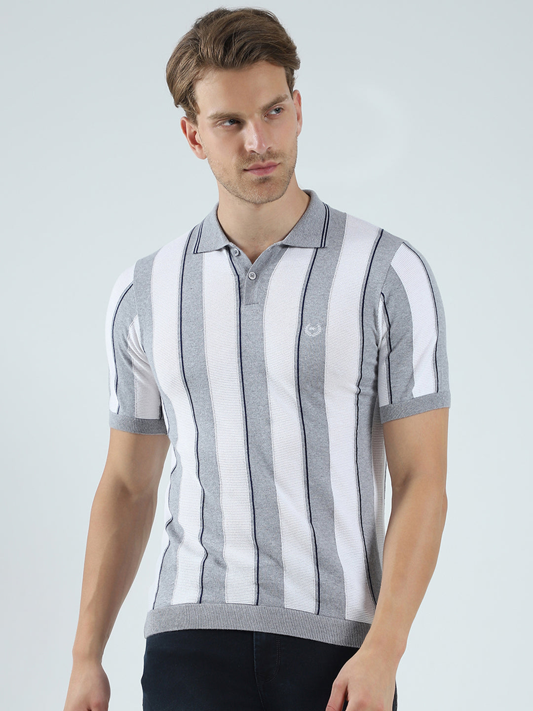 Men Grey Stripe Collar Half Sleeve T-Shirt