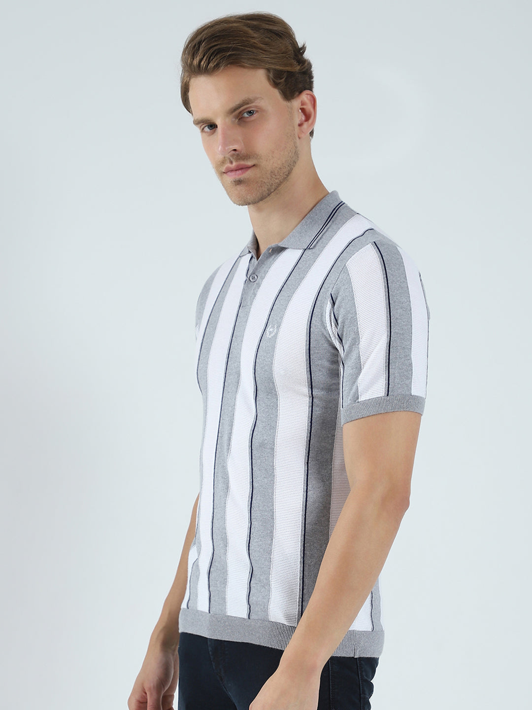 Men Grey Stripe Collar Half Sleeve T-Shirt