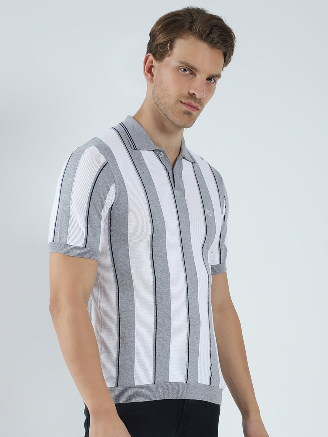 Men Grey Stripe Collar Half Sleeve T-Shirt