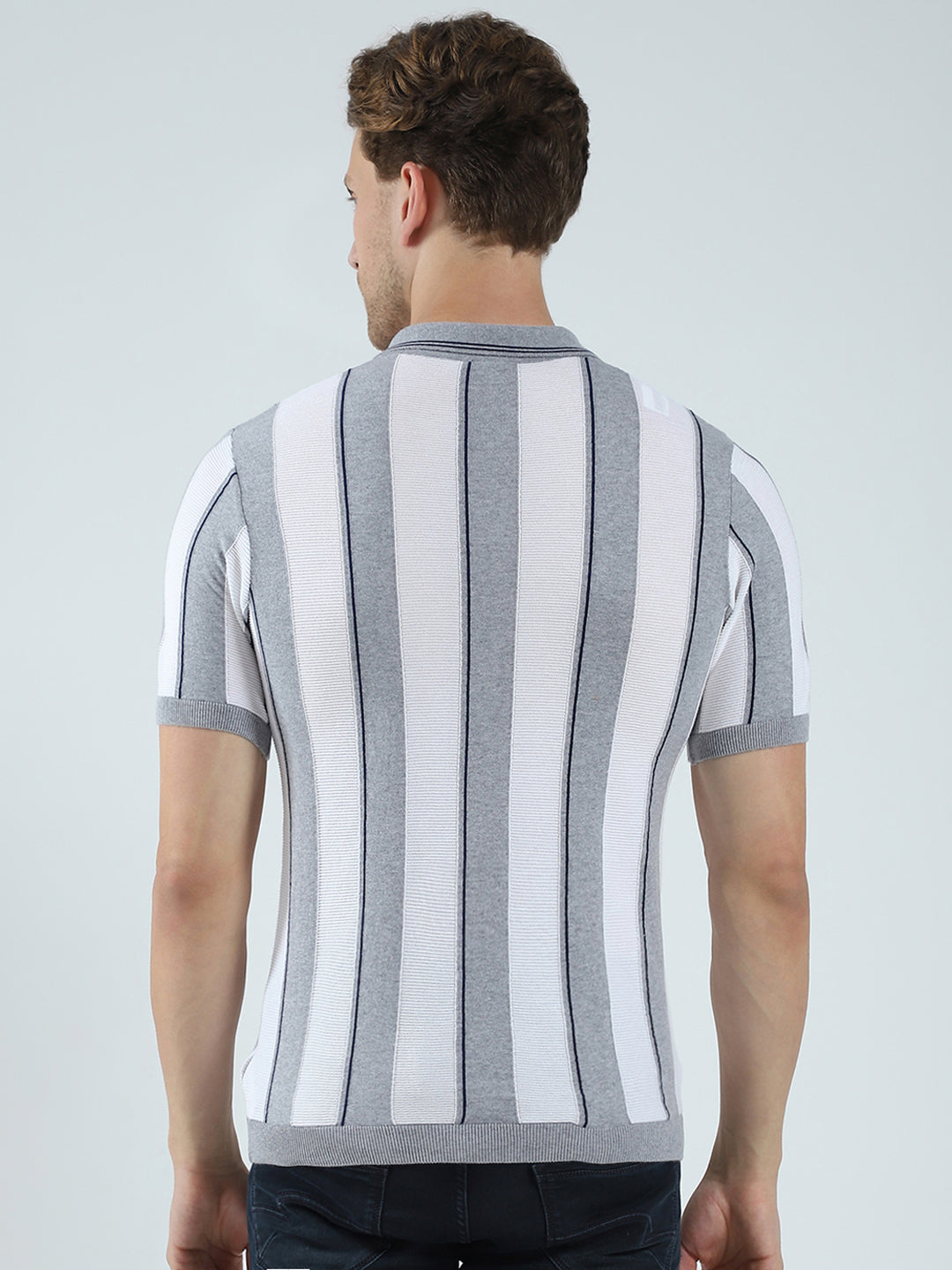 Men Grey Stripe Collar Half Sleeve T-Shirt