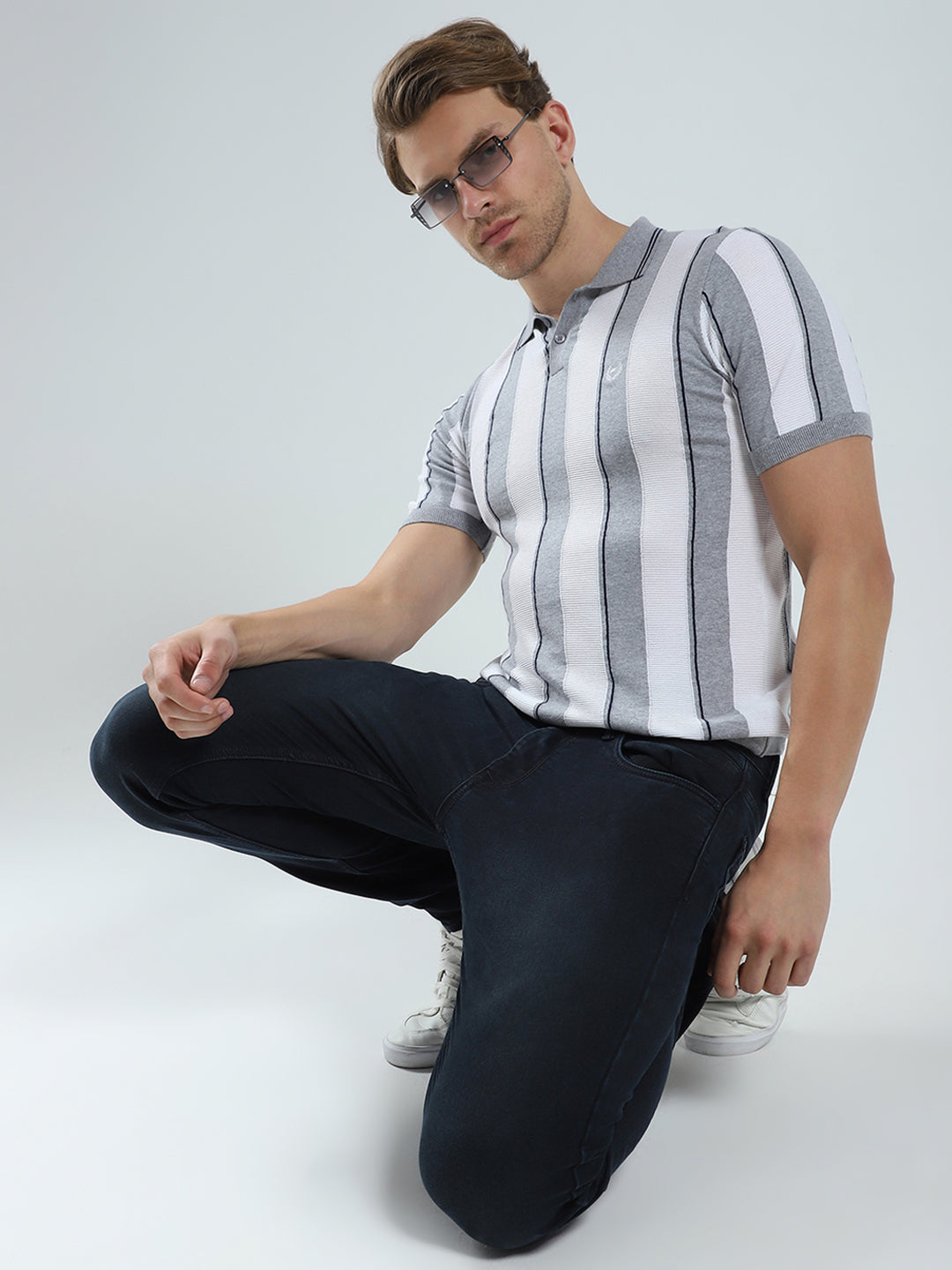 Men Grey Stripe Collar Half Sleeve T-Shirt