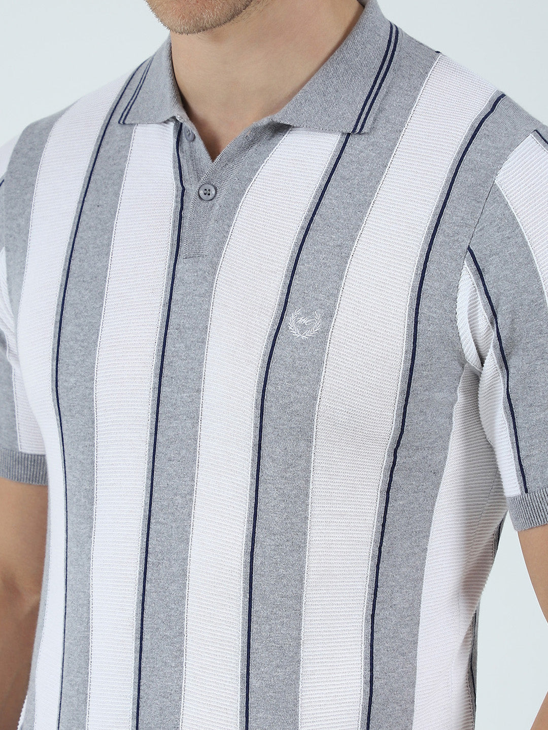 Men Grey Stripe Collar Half Sleeve T-Shirt
