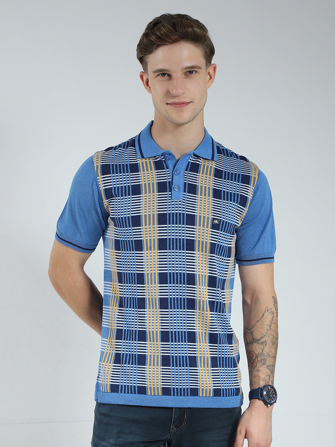 Men Blue Self Design Collar Half Sleeve T-Shirt