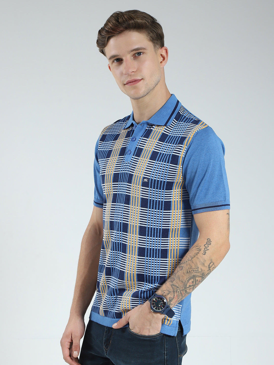 Men Blue Self Design Collar Half Sleeve T-Shirt