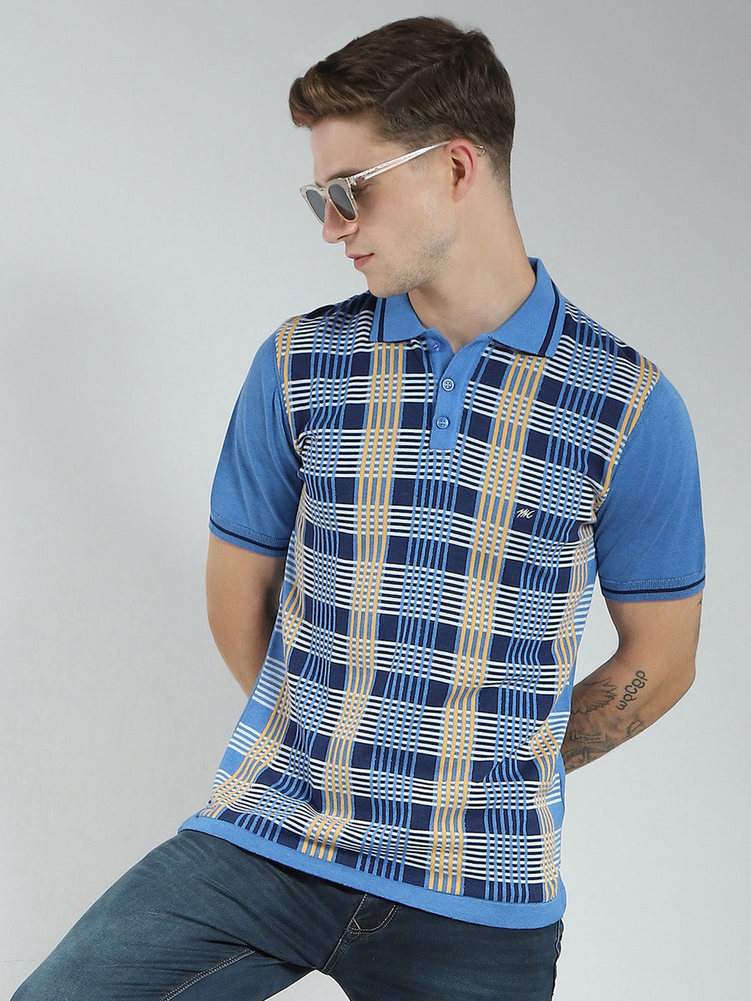 Men Blue Self Design Collar Half Sleeve T-Shirt