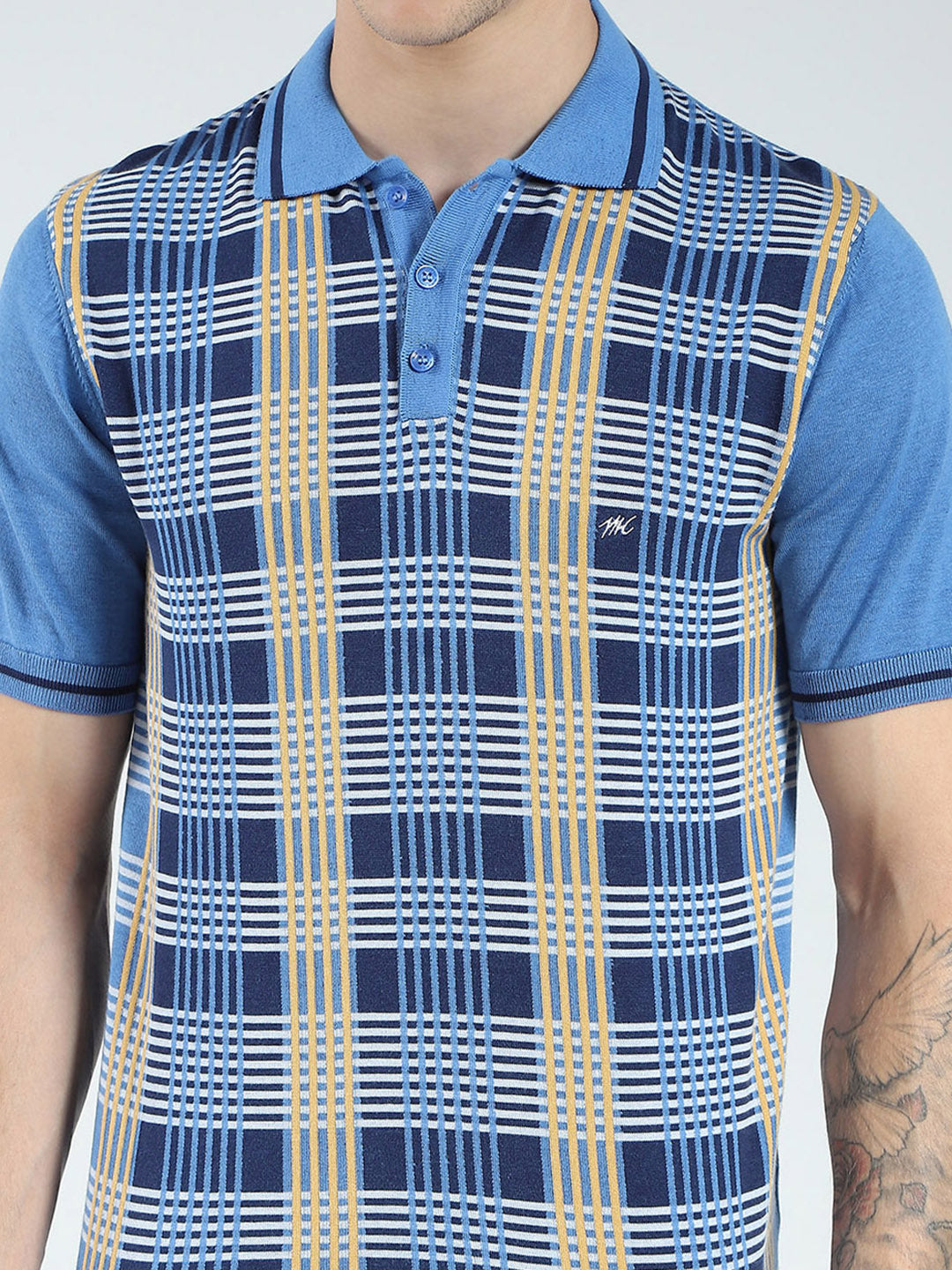 Men Blue Self Design Collar Half Sleeve T-Shirt