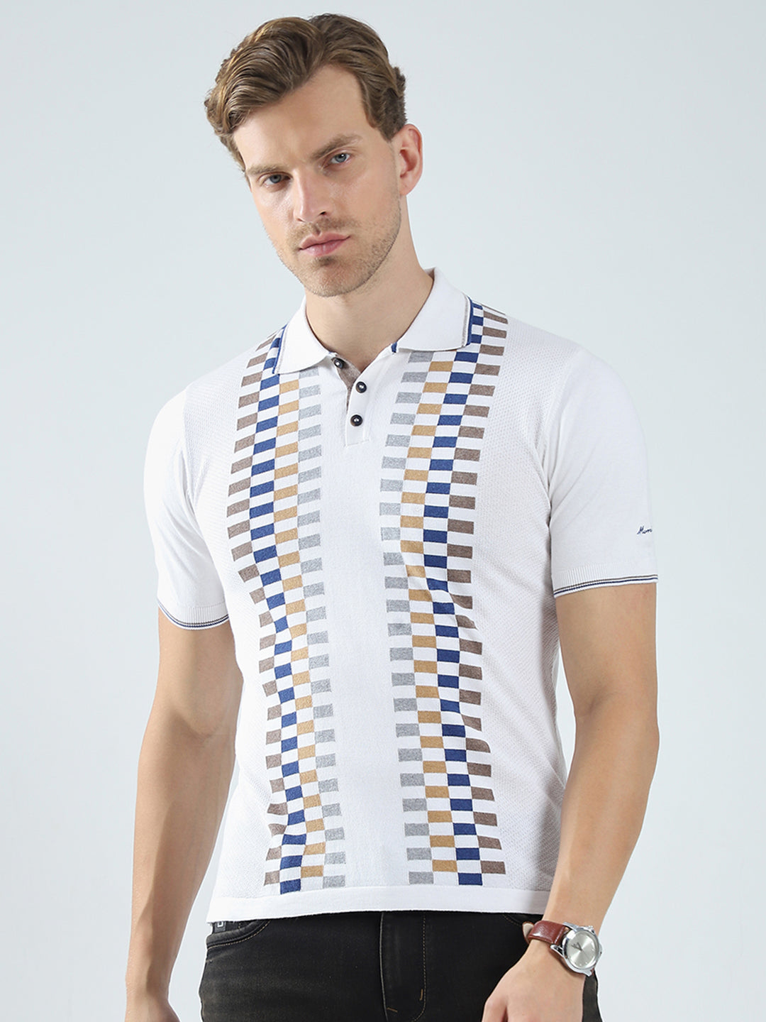 Men White Printed Collar Half Sleeve T-Shirt