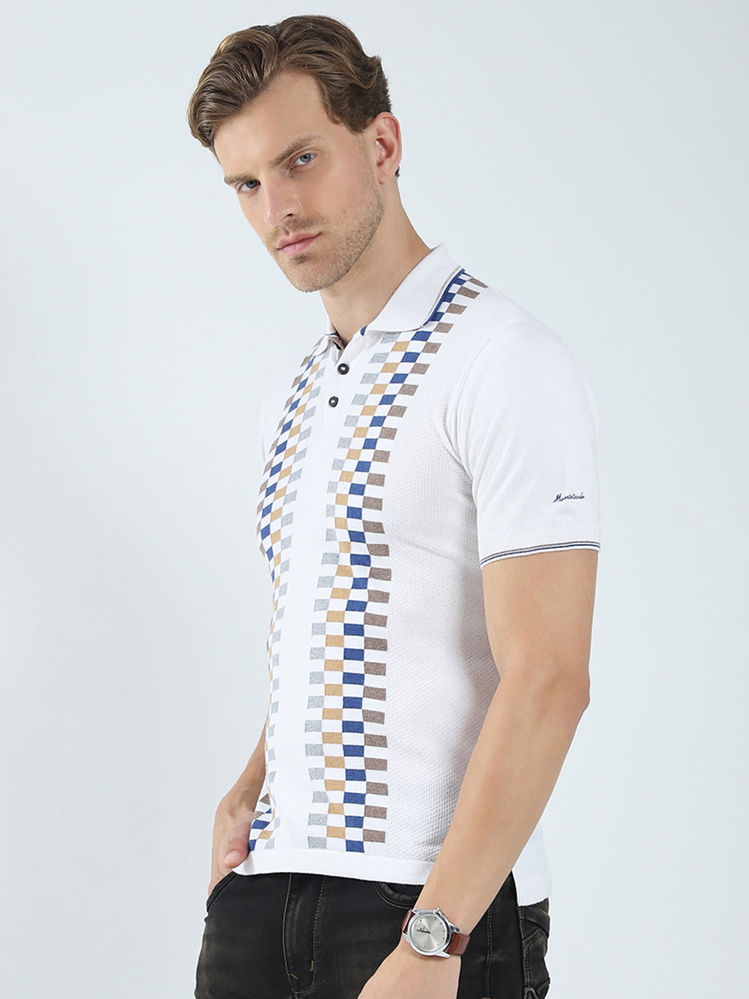 Men White Printed Collar Half Sleeve T-Shirt