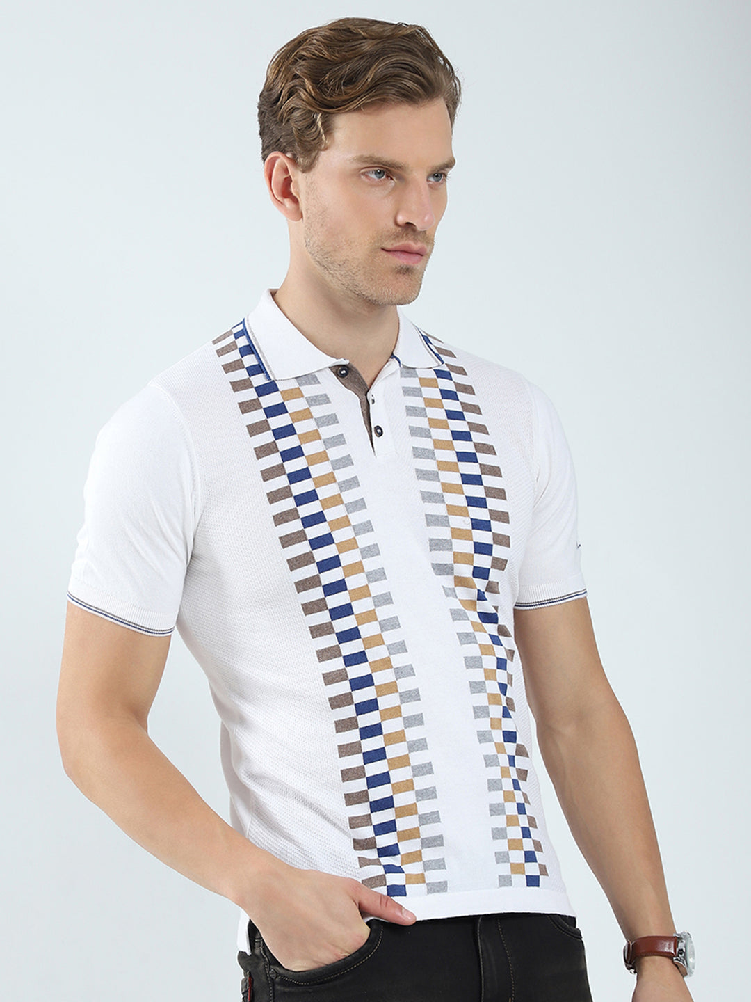 Men White Printed Collar Half Sleeve T-Shirt