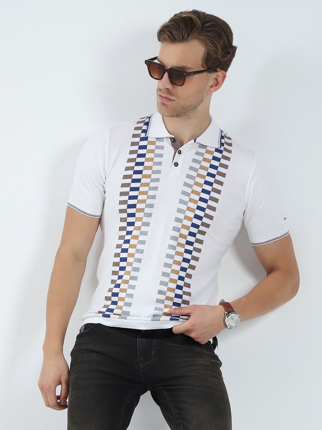 Men White Printed Collar Half Sleeve T-Shirt