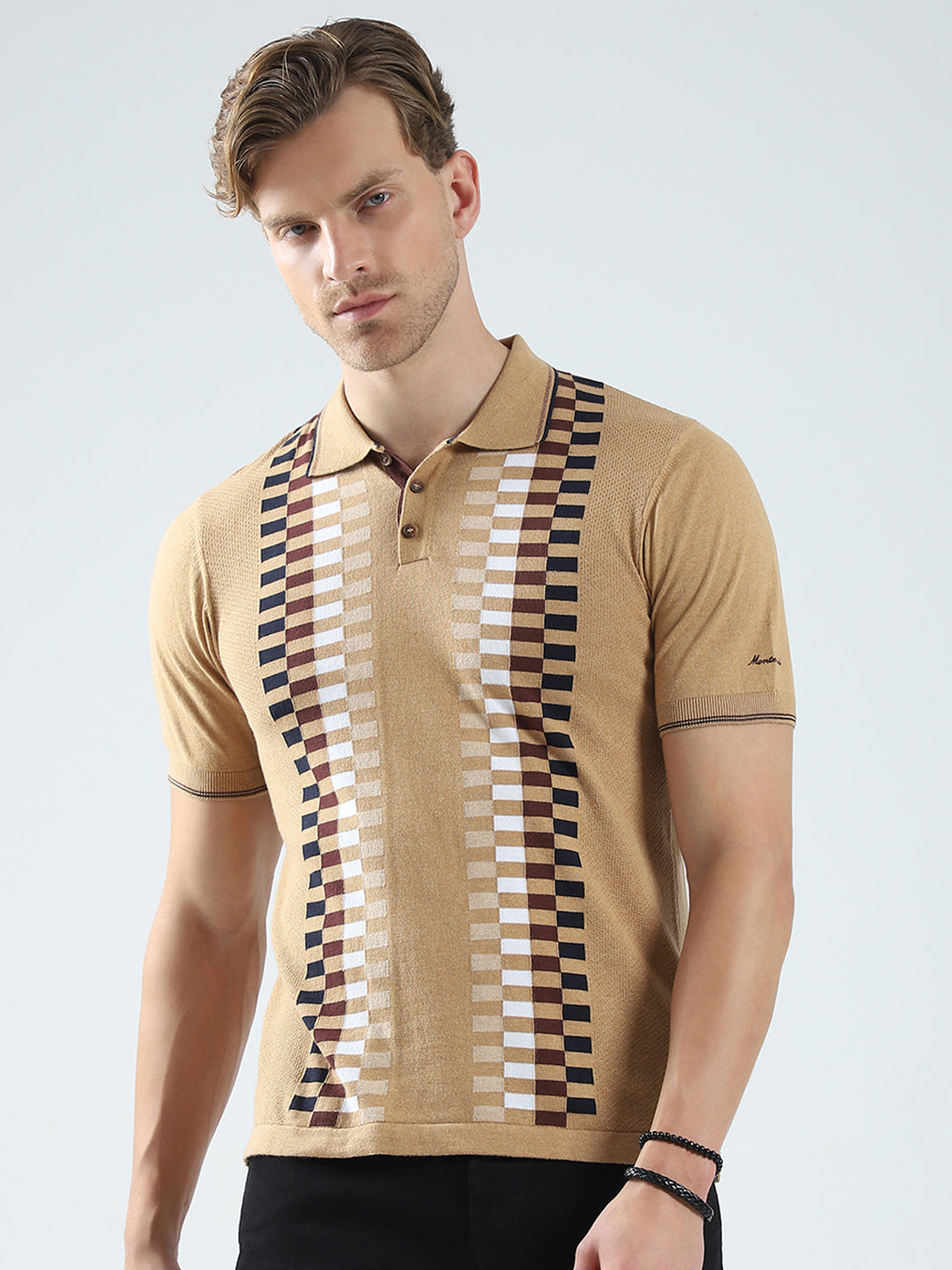 Men Camel Brown Printed Collar Half Sleeve T-Shirt
