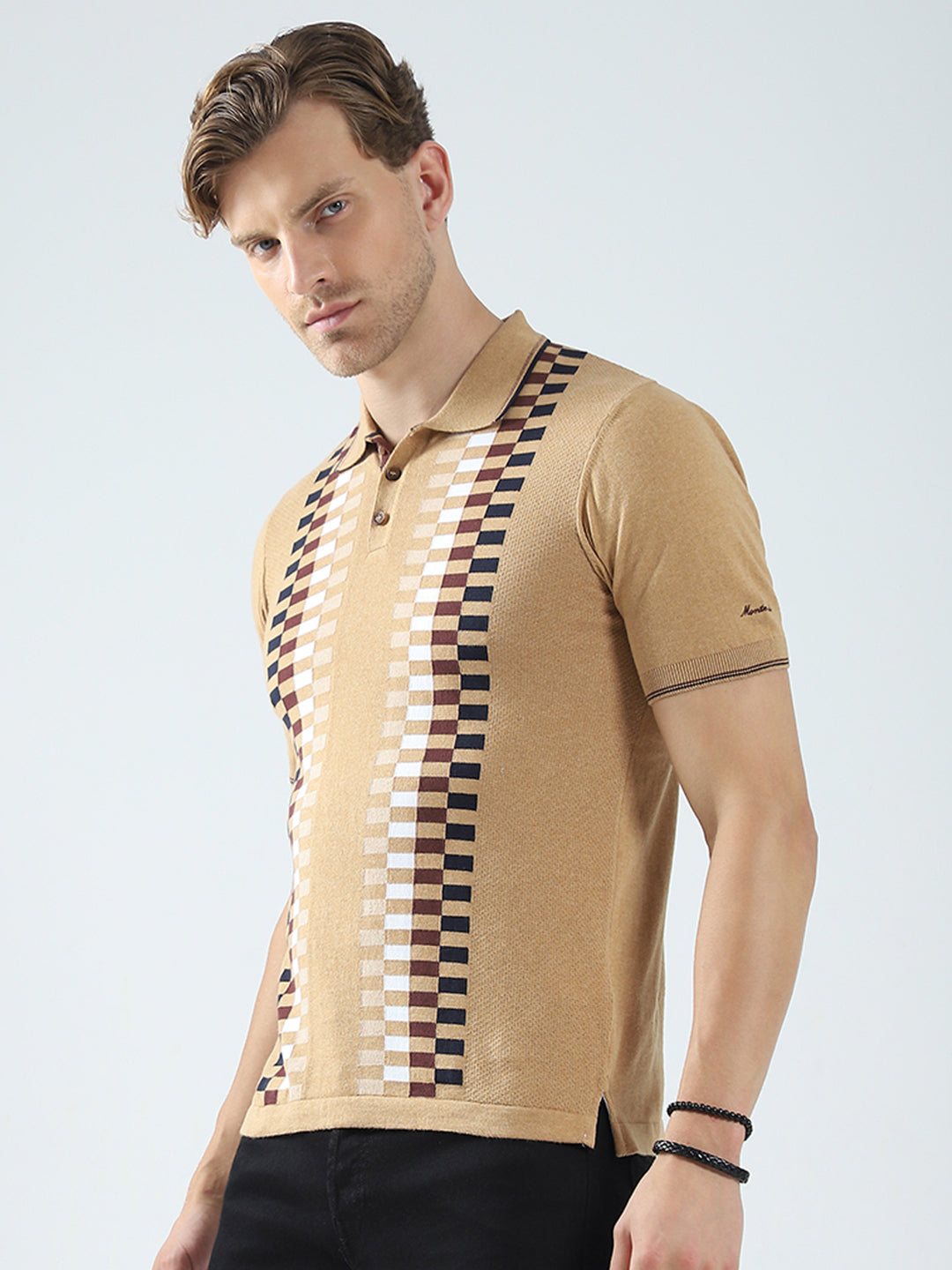 Men Camel Brown Printed Collar Half Sleeve T-Shirt