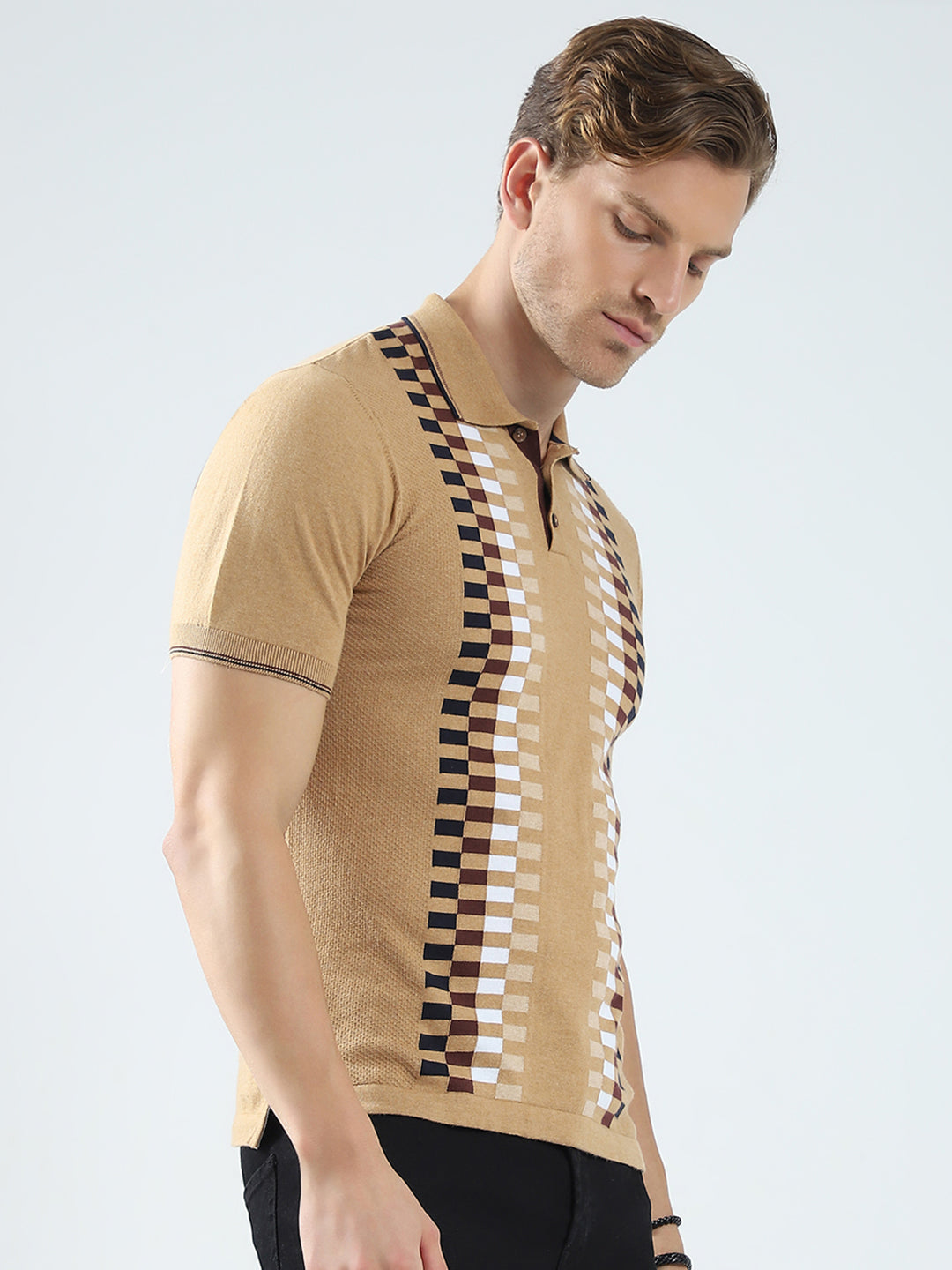 Men Camel Brown Printed Collar Half Sleeve T-Shirt