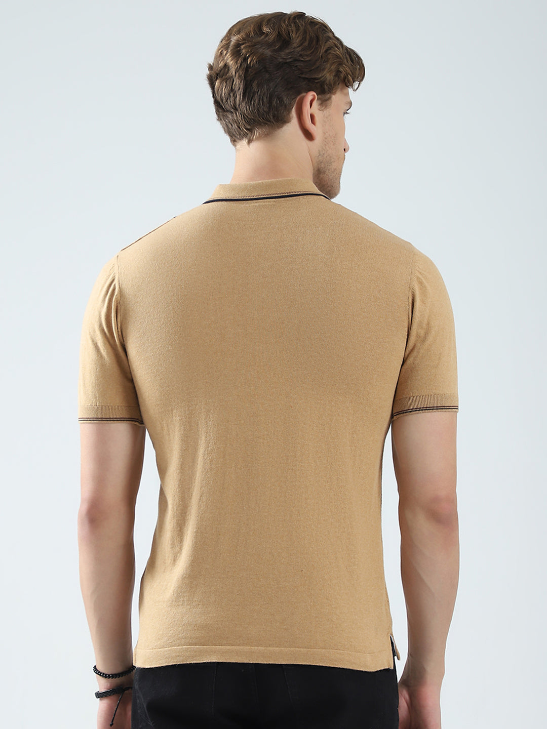 Men Camel Brown Printed Collar Half Sleeve T-Shirt