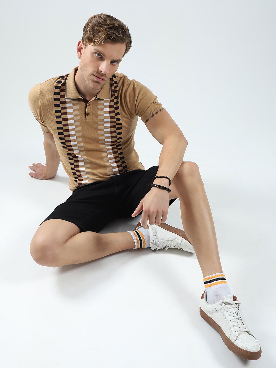 Men Camel Brown Printed Collar Half Sleeve T-Shirt