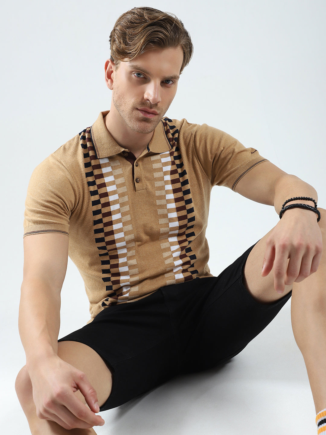 Men Camel Brown Printed Collar Half Sleeve T-Shirt