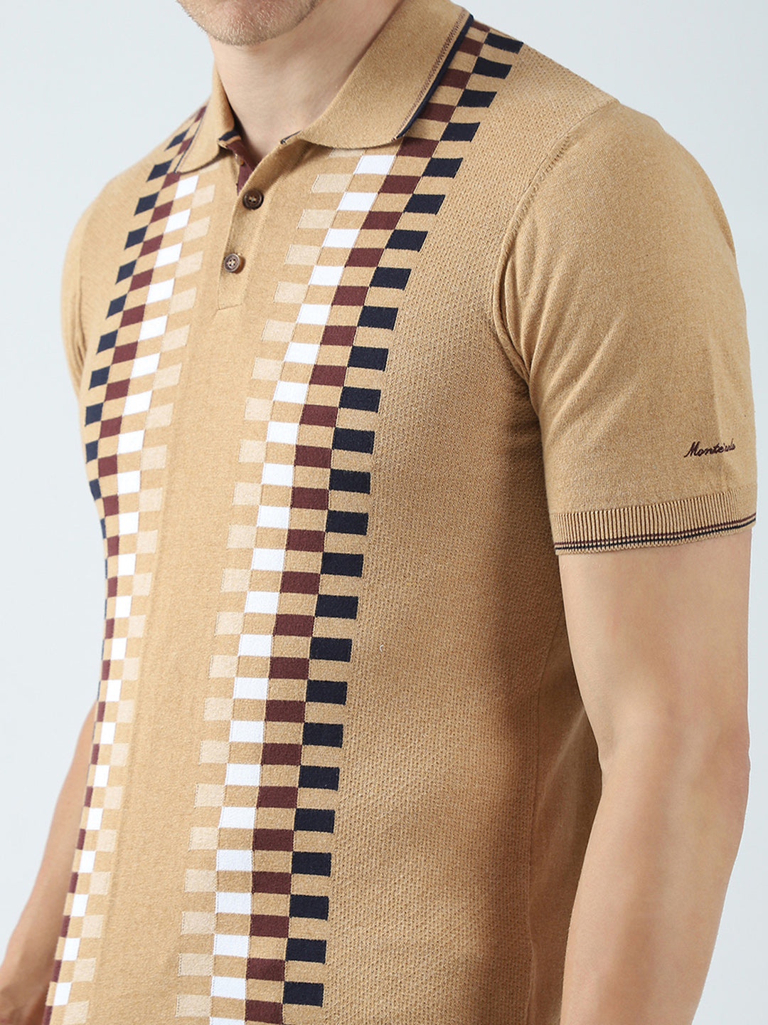 Men Camel Brown Printed Collar Half Sleeve T-Shirt