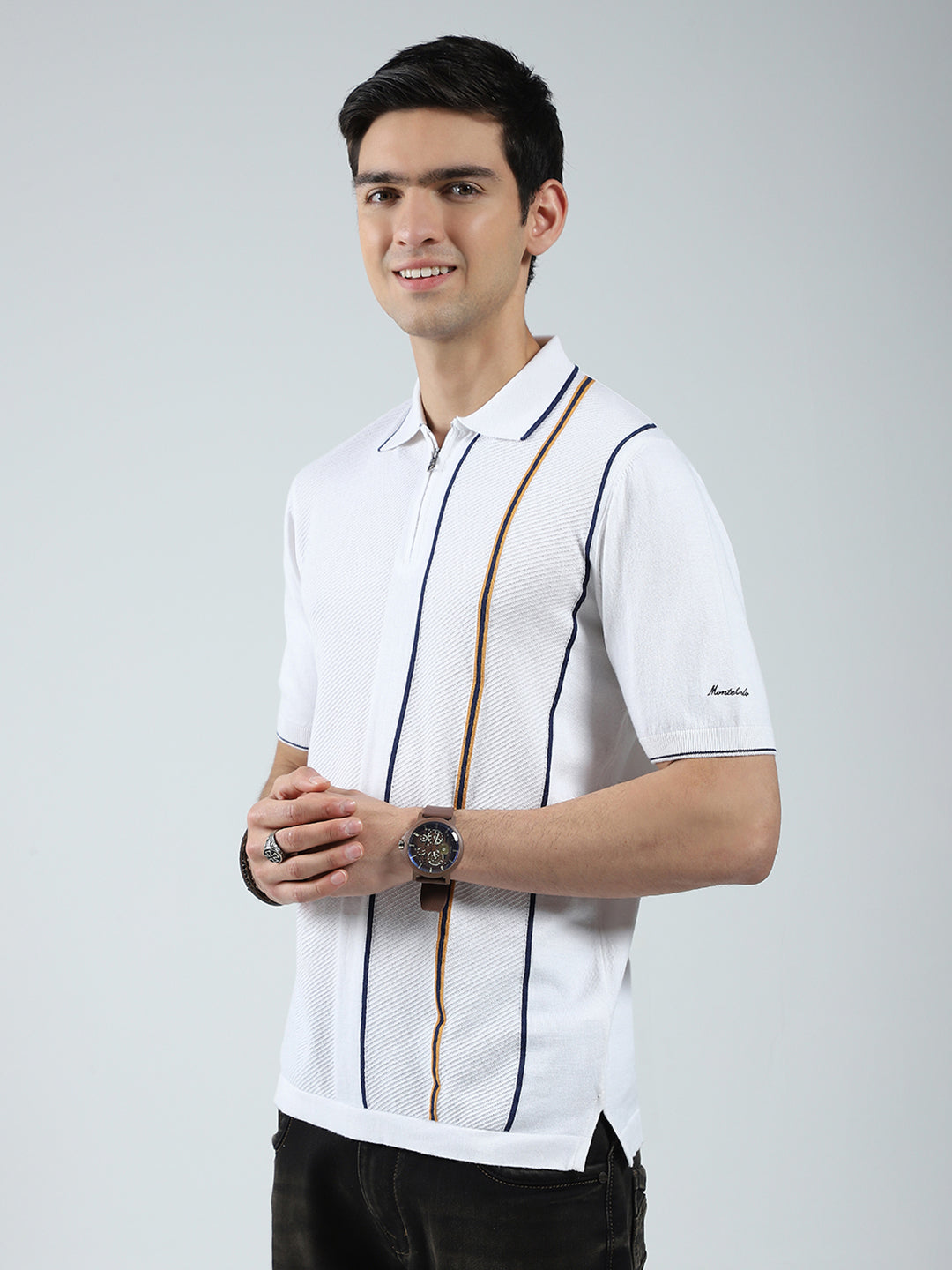 Men White Self Design Collar Half Sleeve T-Shirt