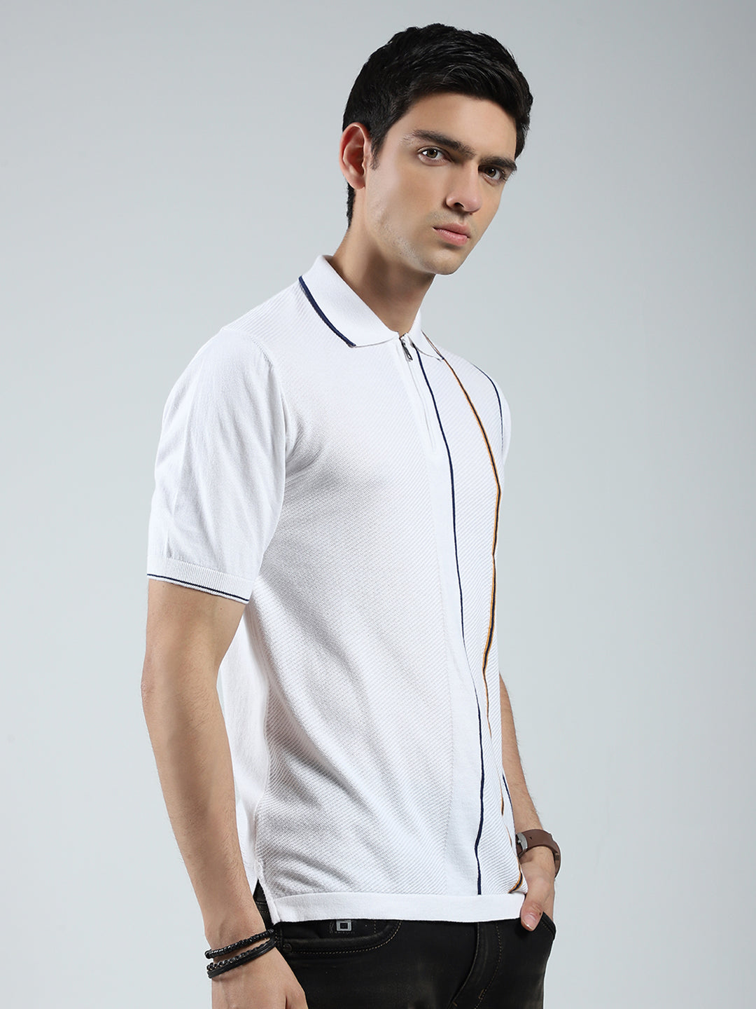 Men White Self Design Collar Half Sleeve T-Shirt