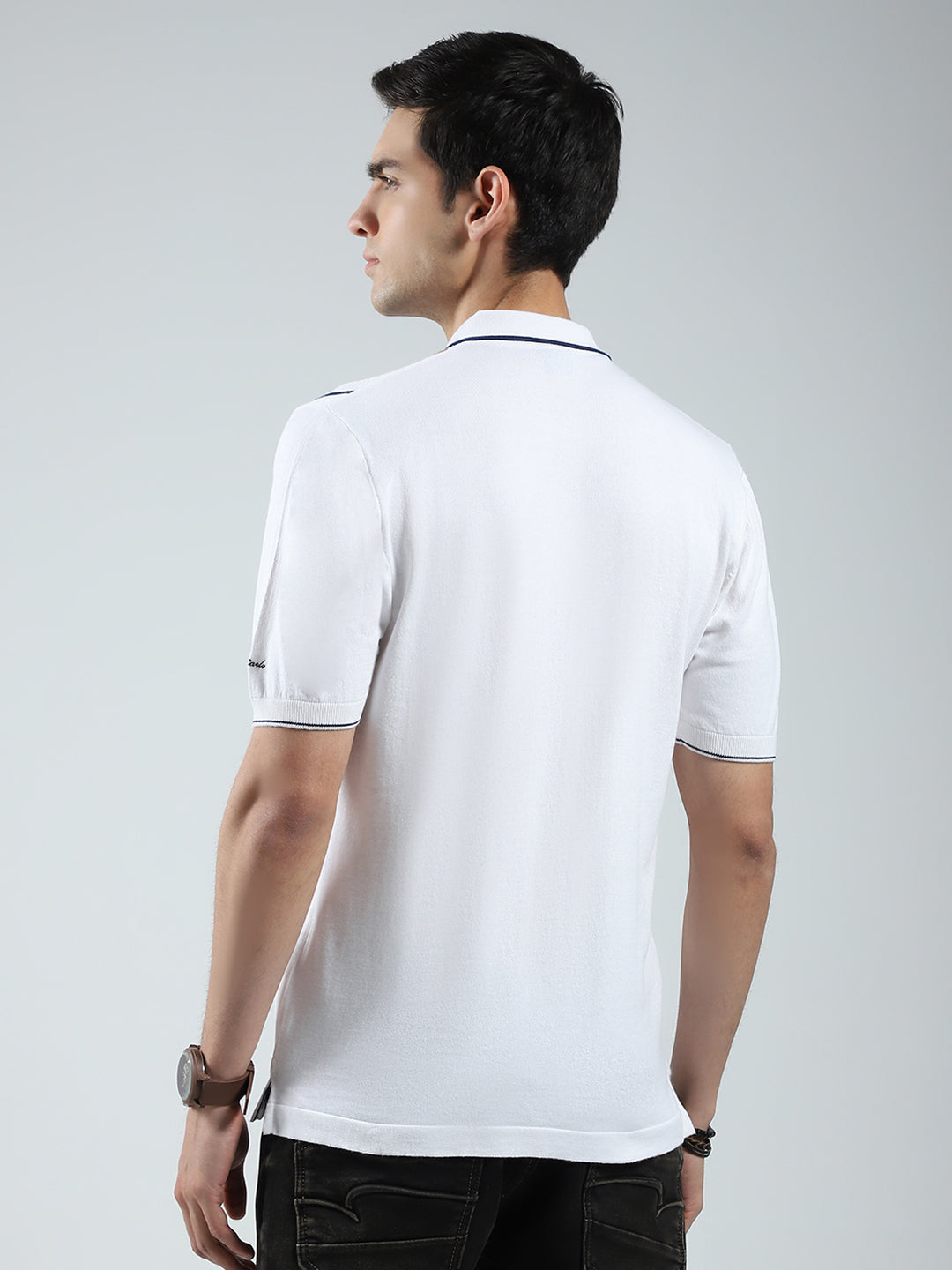 Men White Self Design Collar Half Sleeve T-Shirt
