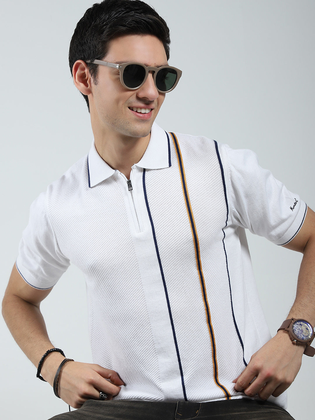 Men White Self Design Collar Half Sleeve T-Shirt