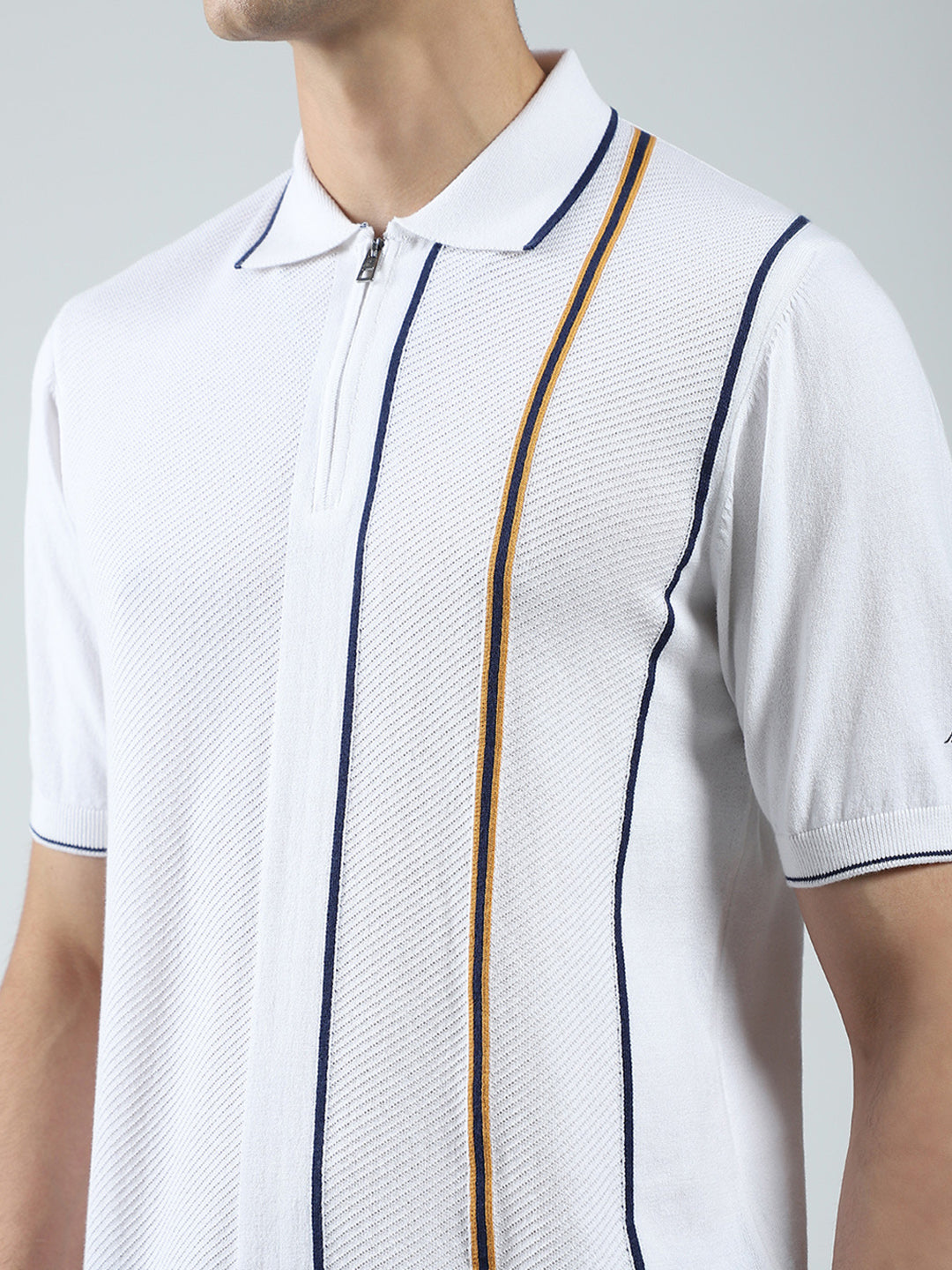 Men White Self Design Collar Half Sleeve T-Shirt