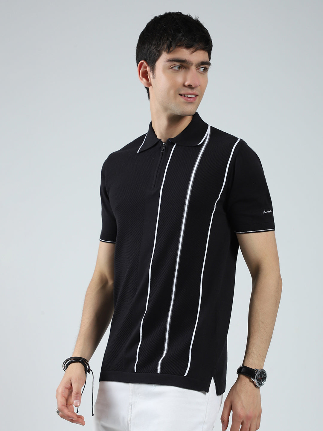Men Black Self Design Collar Half Sleeve T-Shirt