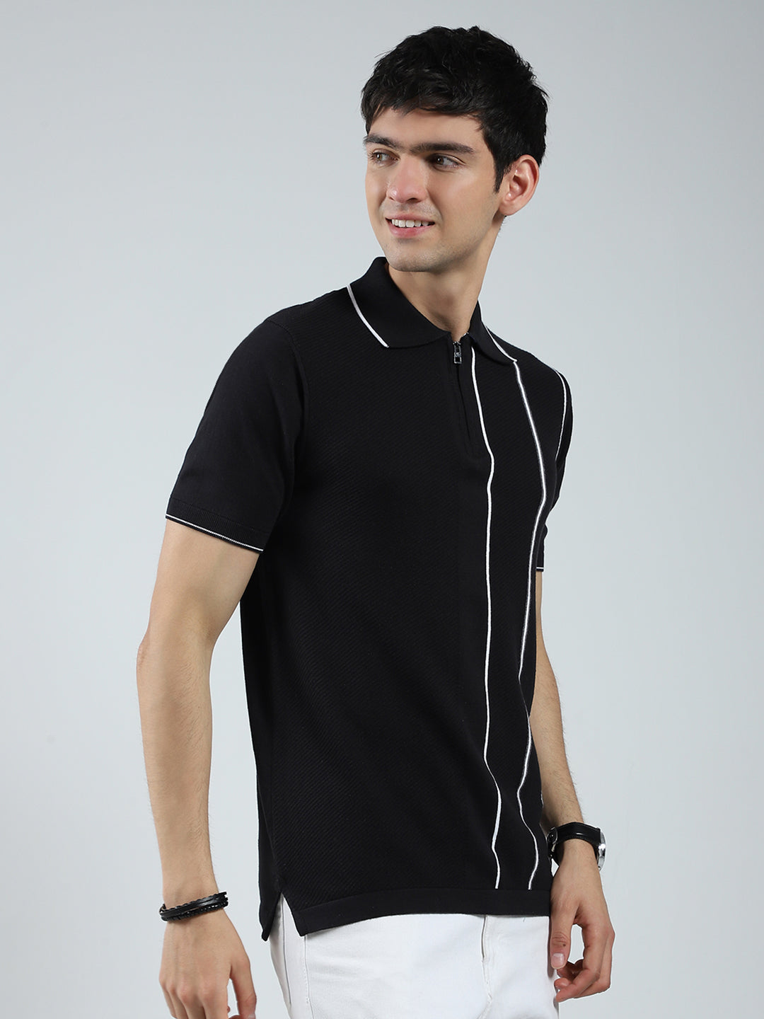 Men Black Self Design Collar Half Sleeve T-Shirt