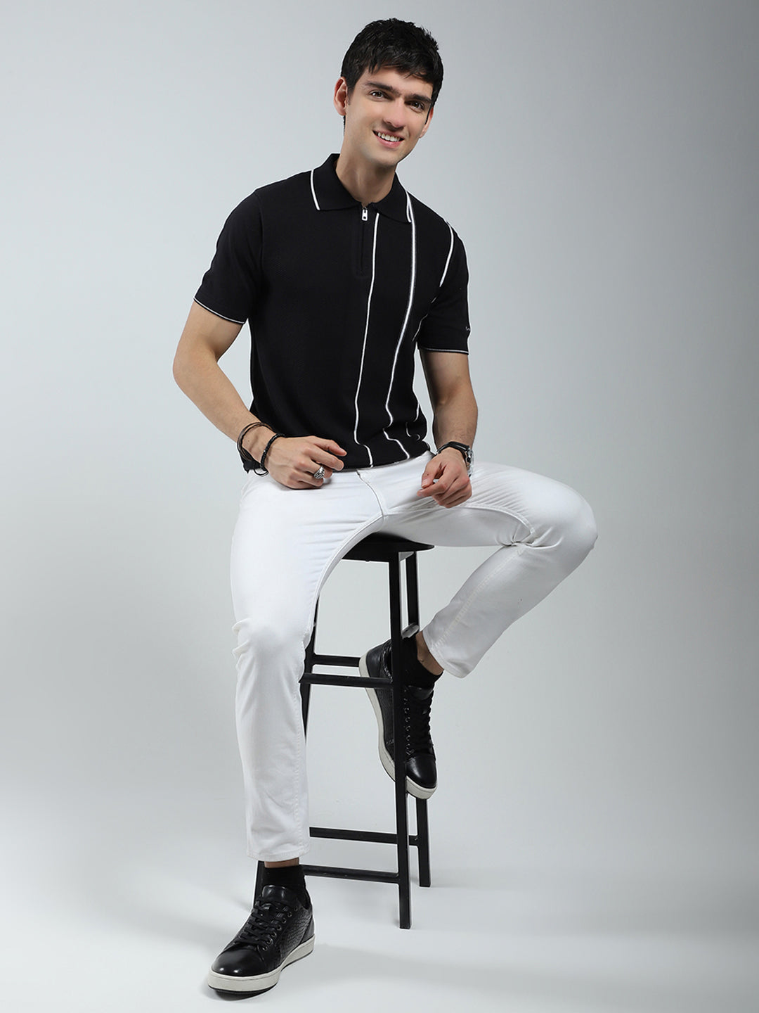 Men Black Self Design Collar Half Sleeve T-Shirt