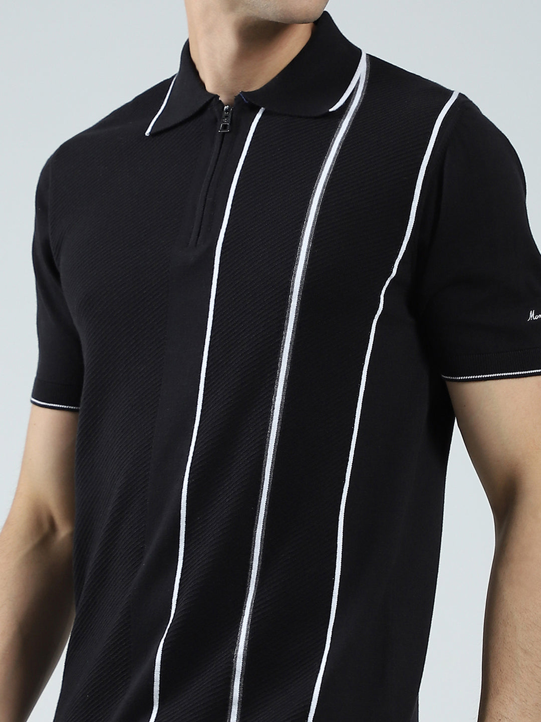 Men Black Self Design Collar Half Sleeve T-Shirt