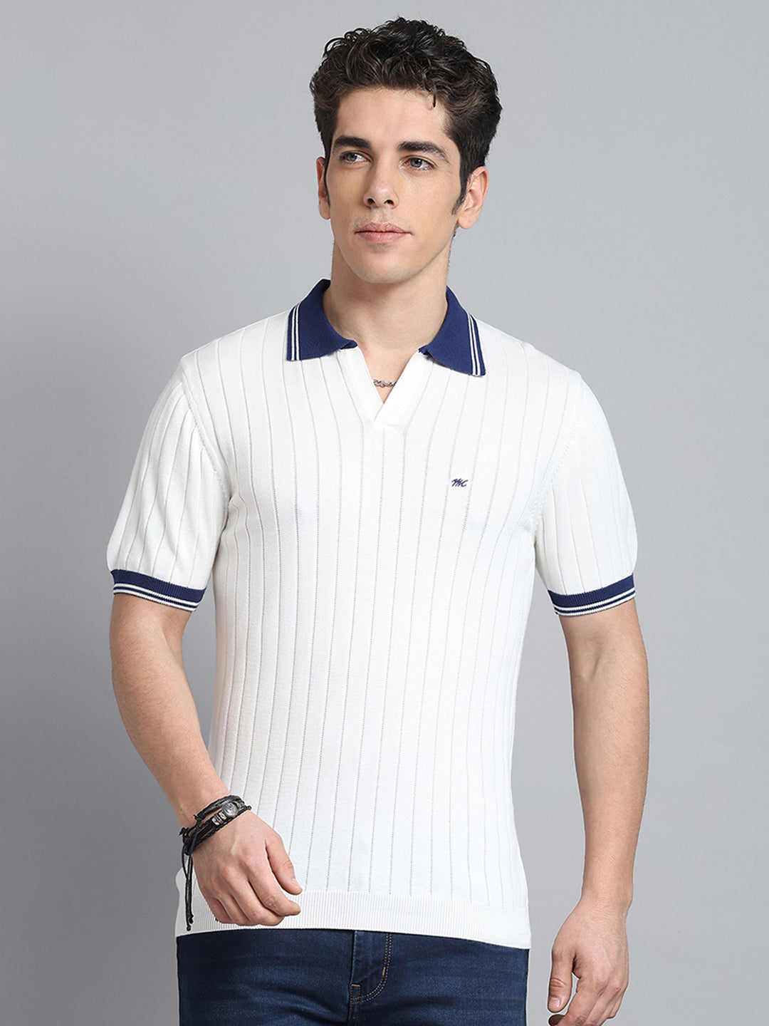 Men Off White Self Design Collar Half Sleeve T-Shirt