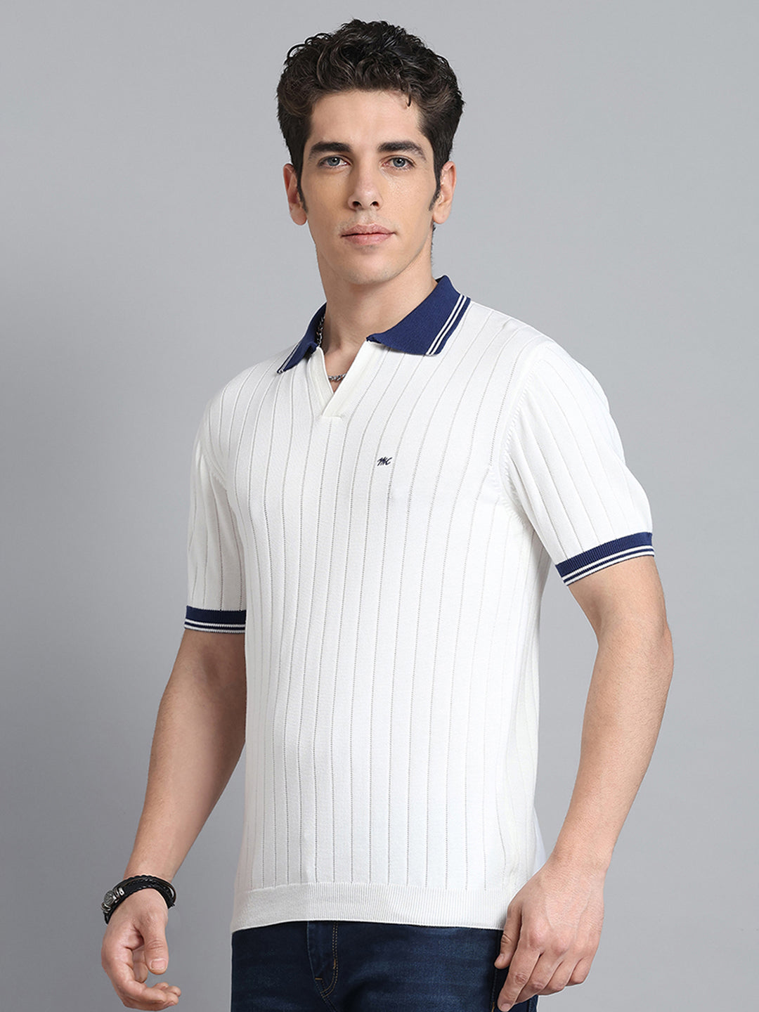 Men Off White Self Design Collar Half Sleeve T-Shirt