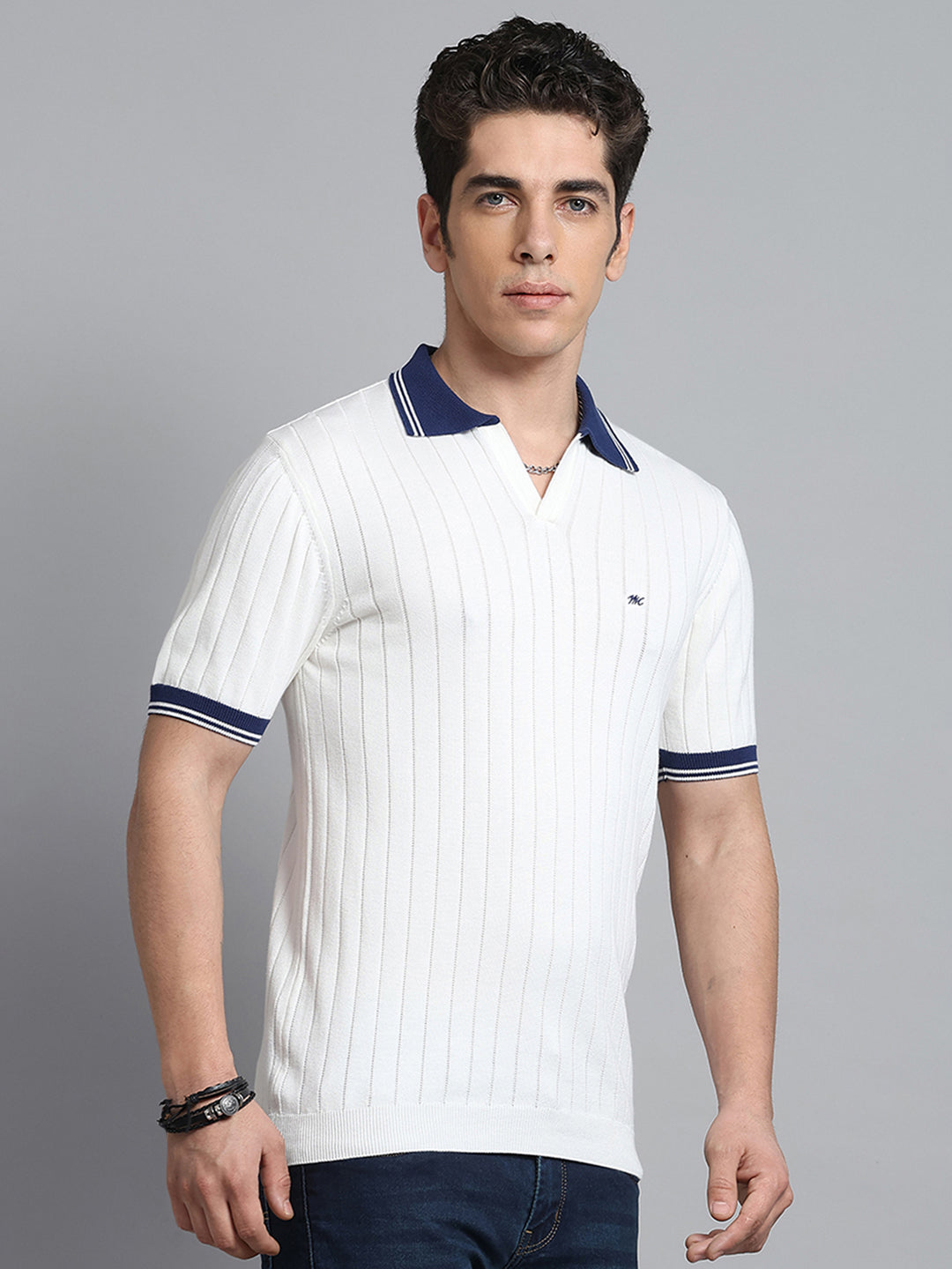 Men Off White Self Design Collar Half Sleeve T-Shirt