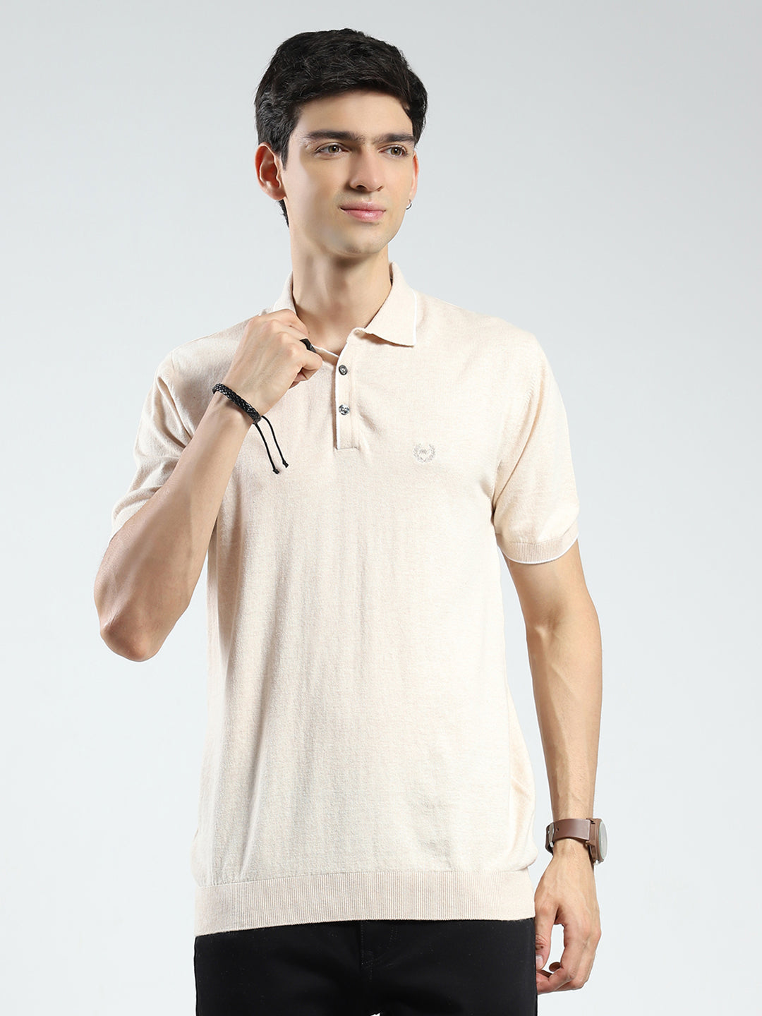 Men Beige Solid Collar Half Sleeve T-Shirt